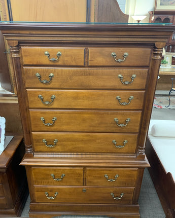 CHEST OF DRAWERS STAINED BROWN 7 DRAWERS GLASS TOP