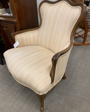 CHAIR w/ WOOD TRIM and FRAME, PECAN  STRIP FABRIC, CREAM, SOLMON, GRAY