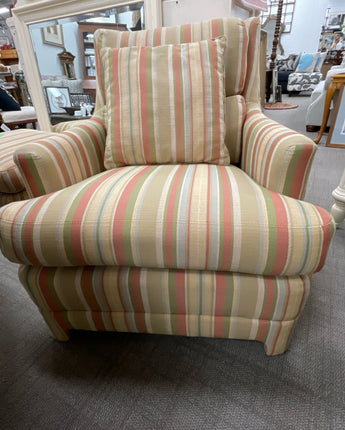 ETHAN ALLEN, STRIPE CHAIR and OTTOMAN, GOLD, GREEN, ORANGE