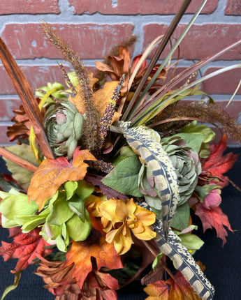 GREEN PLANTER WITH FEATHERS & BROWN FLOWERS 22"X13"X13"