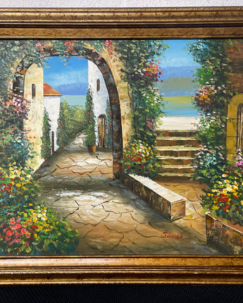 OIL PAINTING ON CANVAS BY JAMES ITALIAN VILLA ARCHES W/FLOWERS