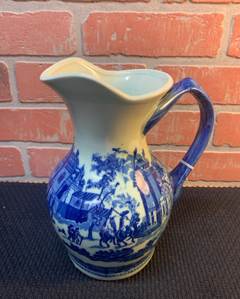 VINTAGE VICTORIA IRONSTONE PITCHER BEIGE/CREAM W/BLUE TOWN SCENE