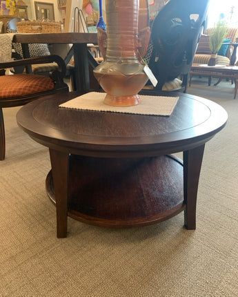 POTTERY BARN COFFEE TABLE ROUND STAINED WOOD BROWN WITH SHELF