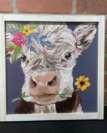 COW WITH FLOWERS WHITE DISTRESSED FRAME 13"X13"