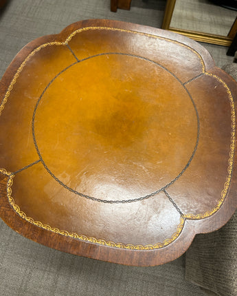 DUNCAN PHYFE ANTIQUE WOOD SIDE TABLE WITH LEATHER INLAY AND BRONZE CLAW FEET