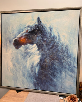 FRAMED CANVAS ARTWORK HORSE HEAD BLUES BROWNS AND WHITE