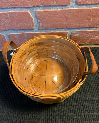 LONGABERGER BASKET, ROUND w/ 2 LEATHER HANDLES