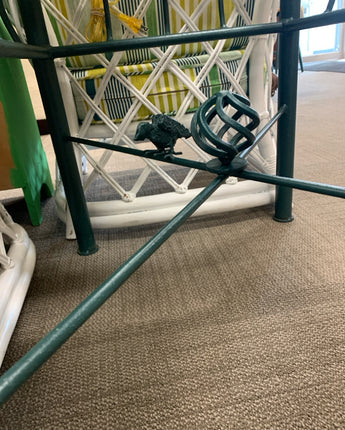 END TABLE GREEN IRON WITH GLASS TOP AND BIRD ON BASE