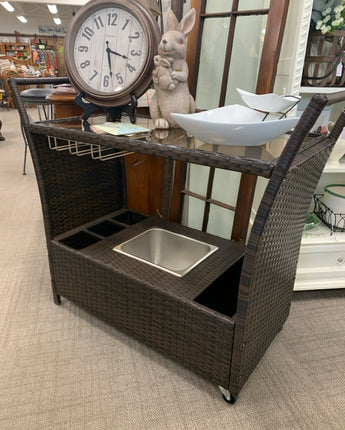 BAR CART BROWN WICKER WITH GLASS TOP AND SINK