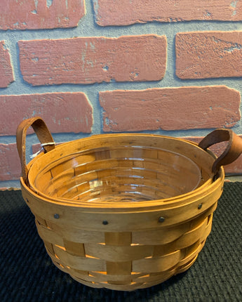 LONGABERGER BASKET, ROUND w/ 2 LEATHER HANDLES