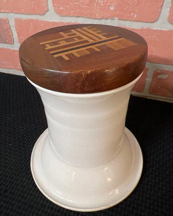 HANDMADE, POTTERY CYLINDER , WHITE w/ HANDMADE WOOD INLAID TOP