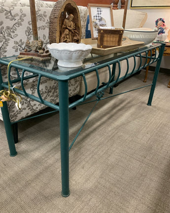 SOFA TABLE  IRON GREEN WITH GLASS TOP AND BIRD ON BASE