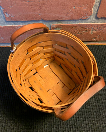 LONGABERGER BASKET, ROUND w/ 2 LEATHER HANDLES